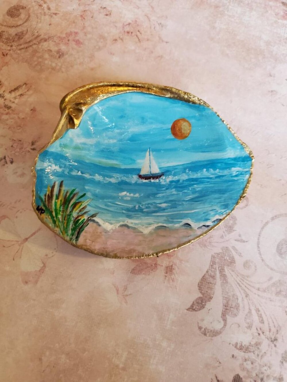 Shell Art Hand Painted Sailboat and Beach Gold Trim Trinket Dish not decoupage